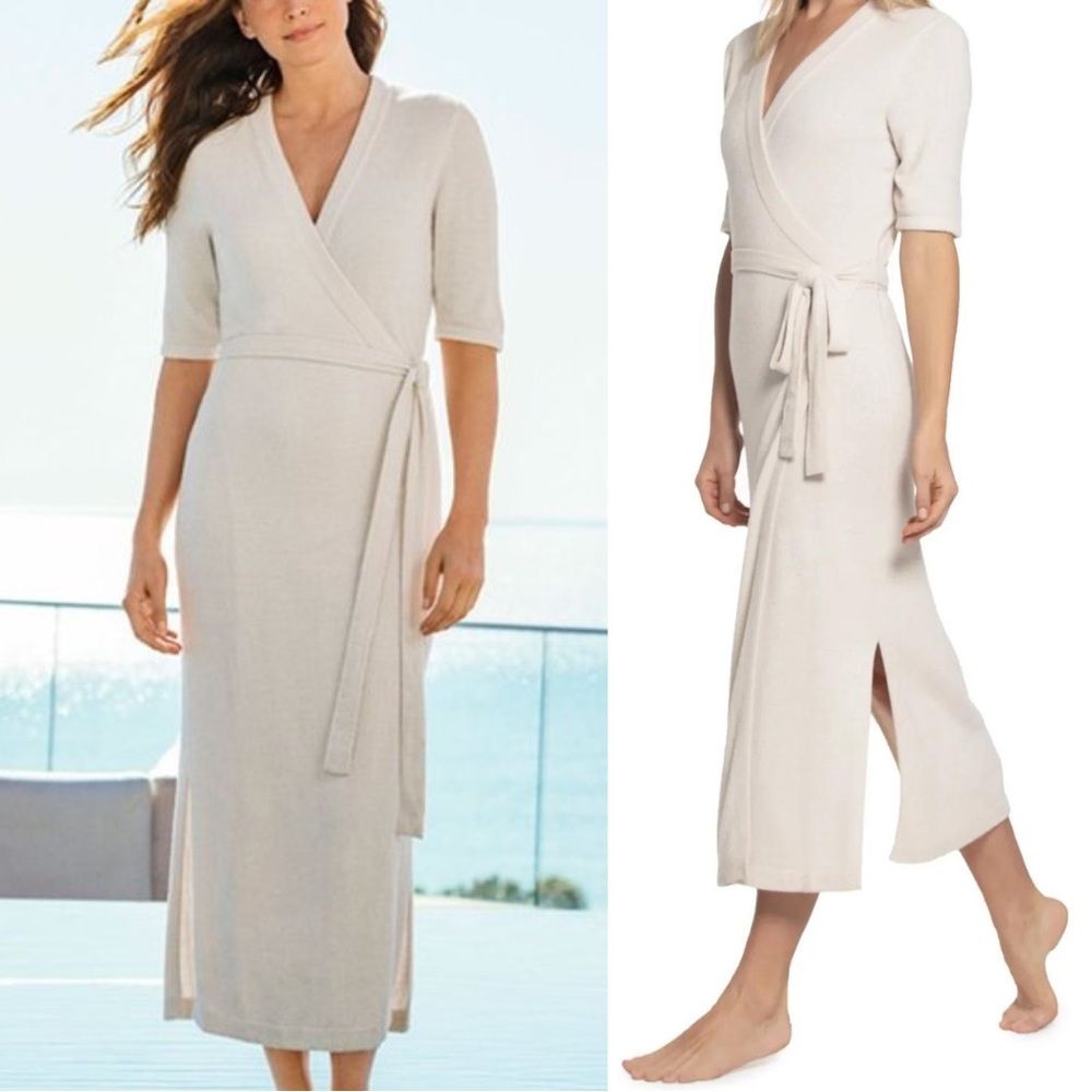 Barefoot Dreams Cozychic Ultra Lite Midi Wrap Dress Color Sand Cream, Size M